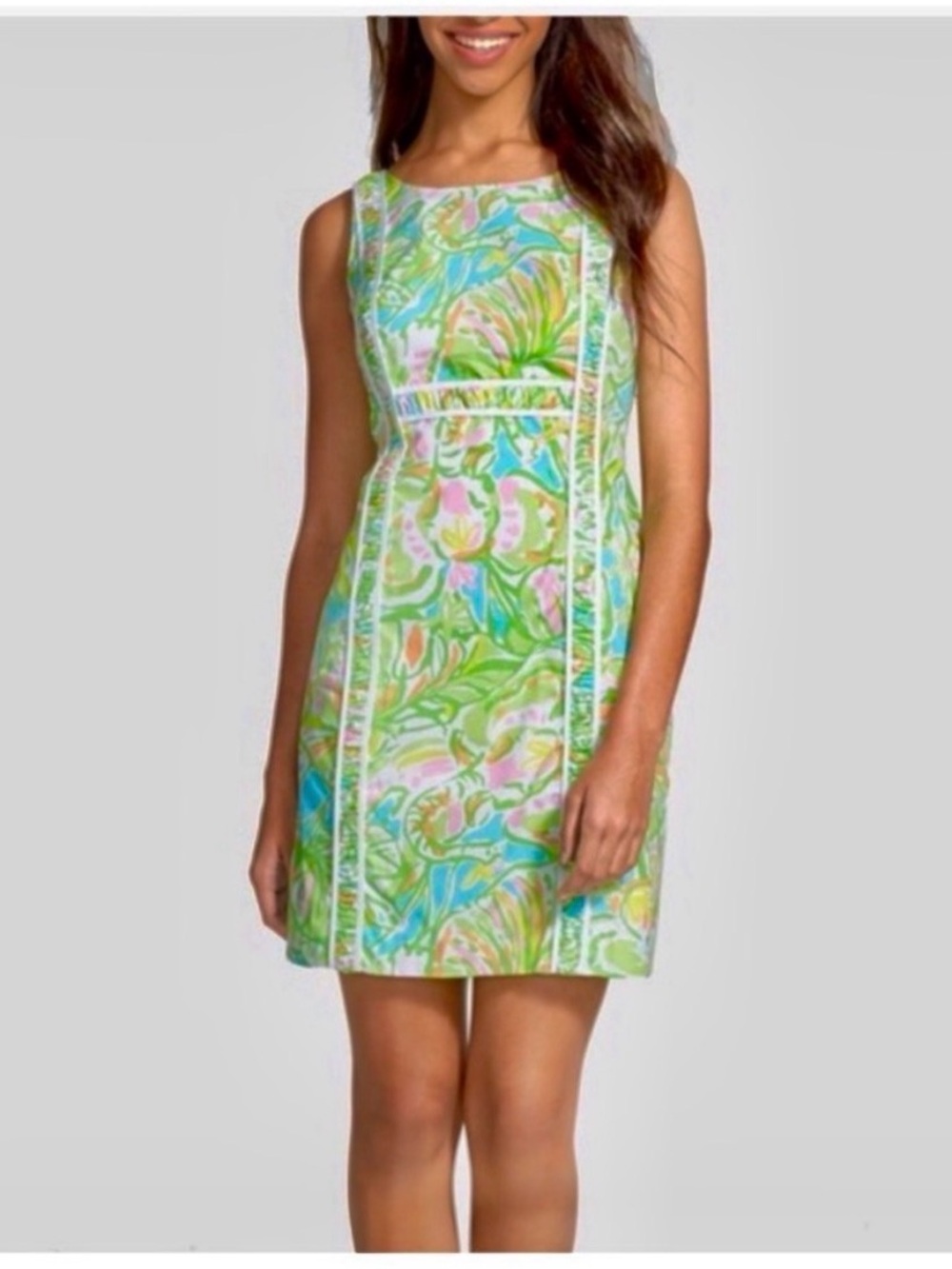 Lilly Pulitzer Green Floral Sleeveless Shift Dress with Pink & Blue Accents